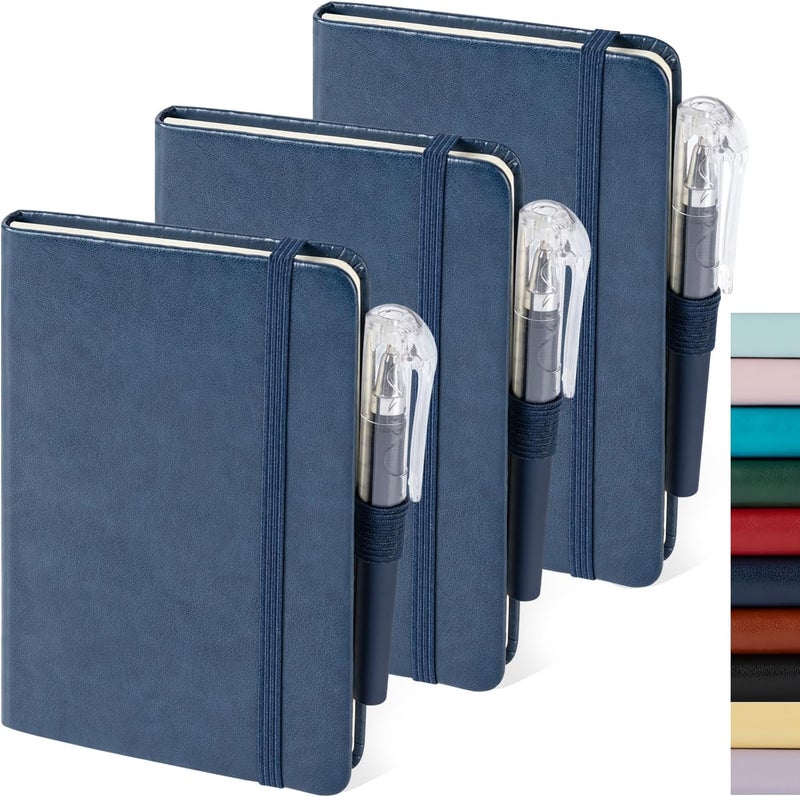 NIRMIRO Pocket Notebook Journals, 3 Pack Mini Small Notebooks for Work, Leather Cover Notepad with 3 pens, Elastic Closure, Blue - Image 1
